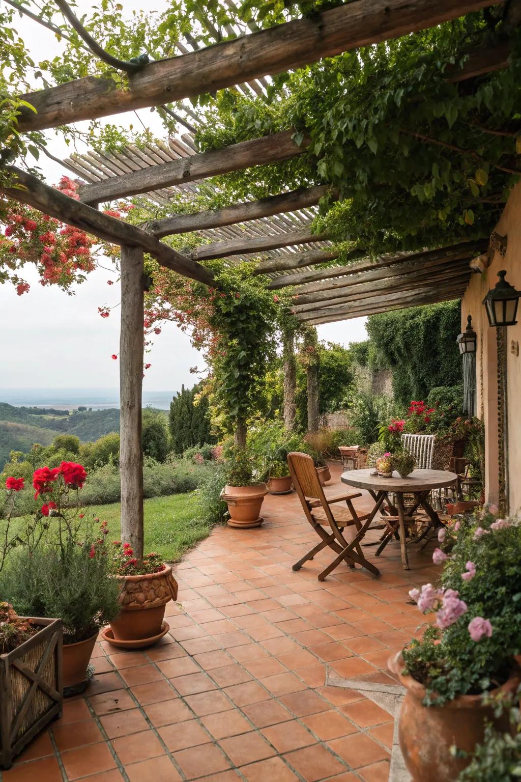 Baked clay tiles bring Mediterranean warmth to the pergola.