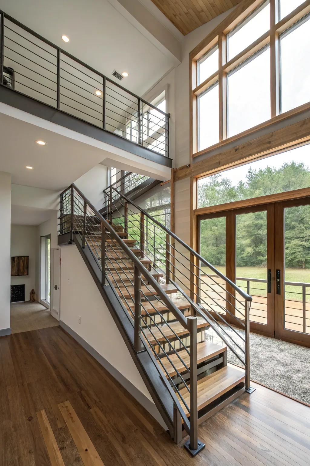 Mechanical steel tube railings appending an edgy sensation to a split-level dwelling.