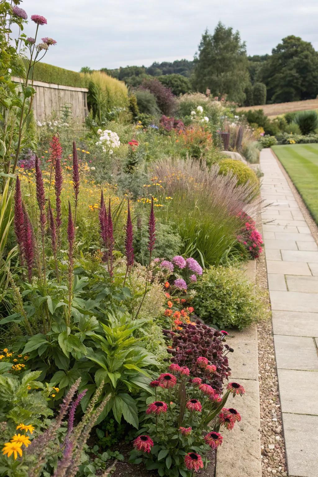 Tiered planting enriches garden borders with enhanced depth and dimension.