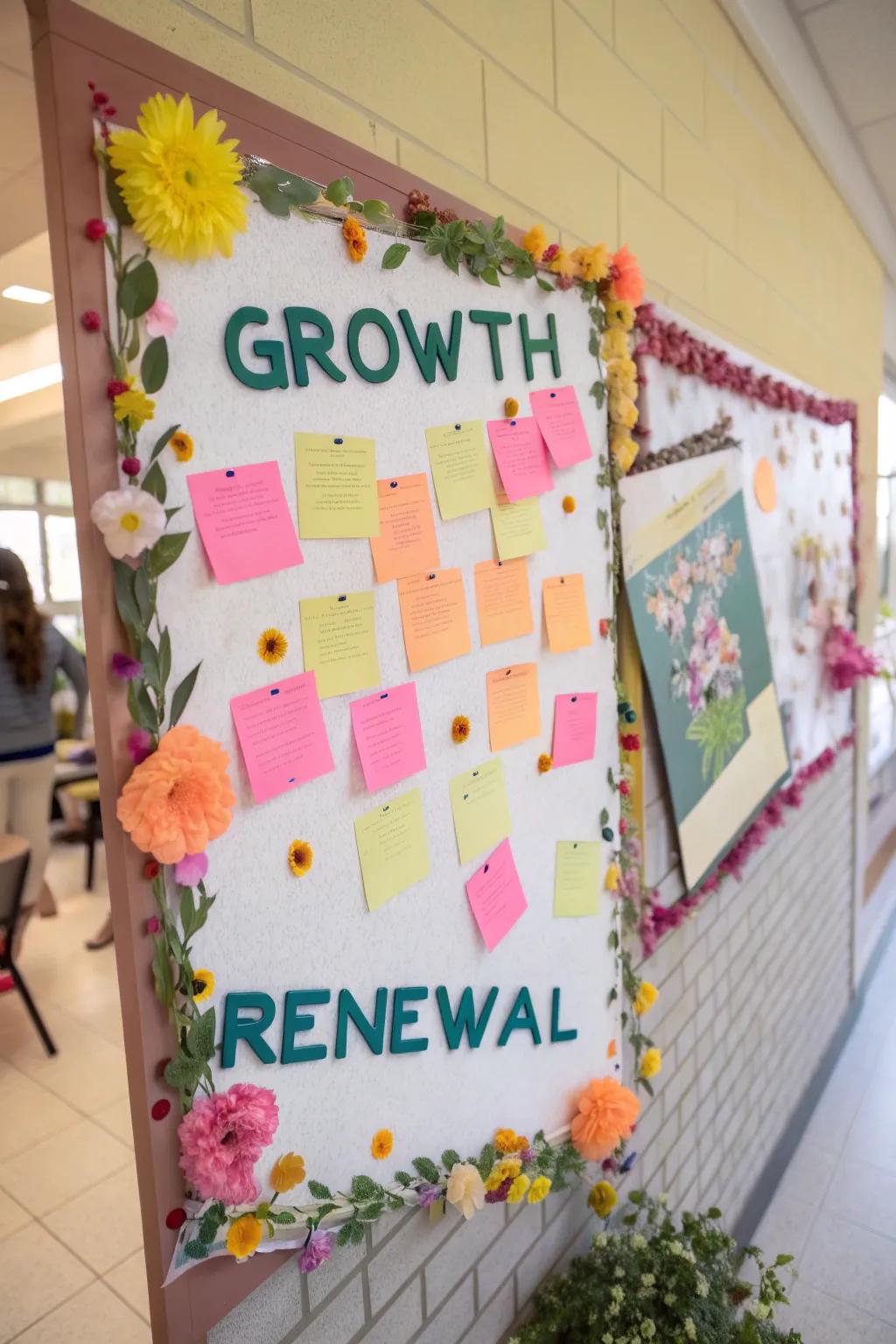 A spring-themed bulletin board emphasizing motivational quotes focused on growth and renewal.