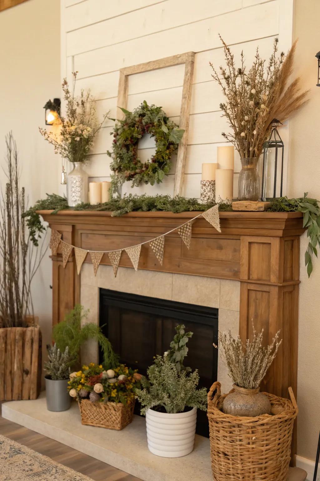 Natural components impart a tranquil and organic sensation to your spring mantel.