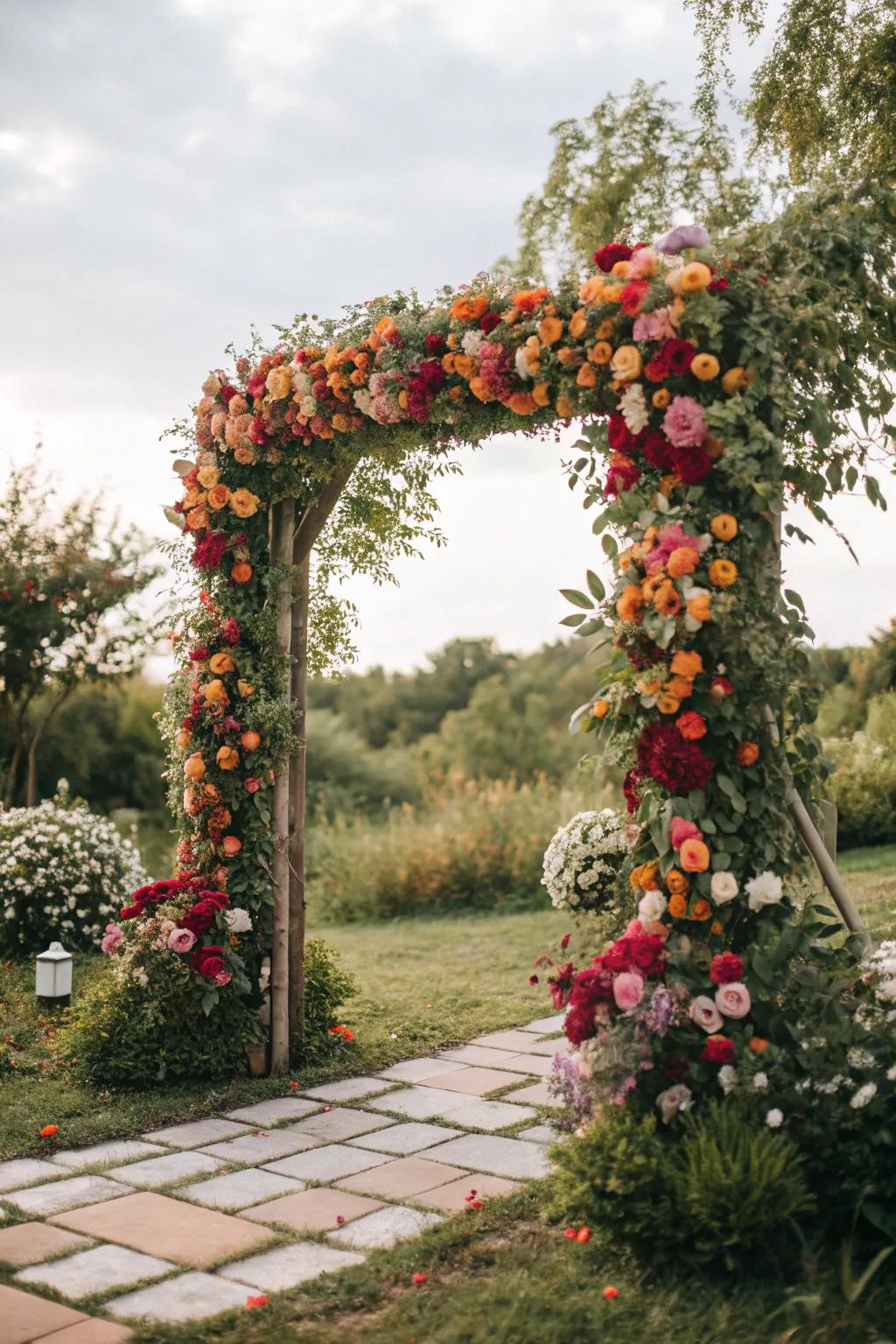A square arch overflowing with blossoms, fashioning a magical garden-like atmosphere.