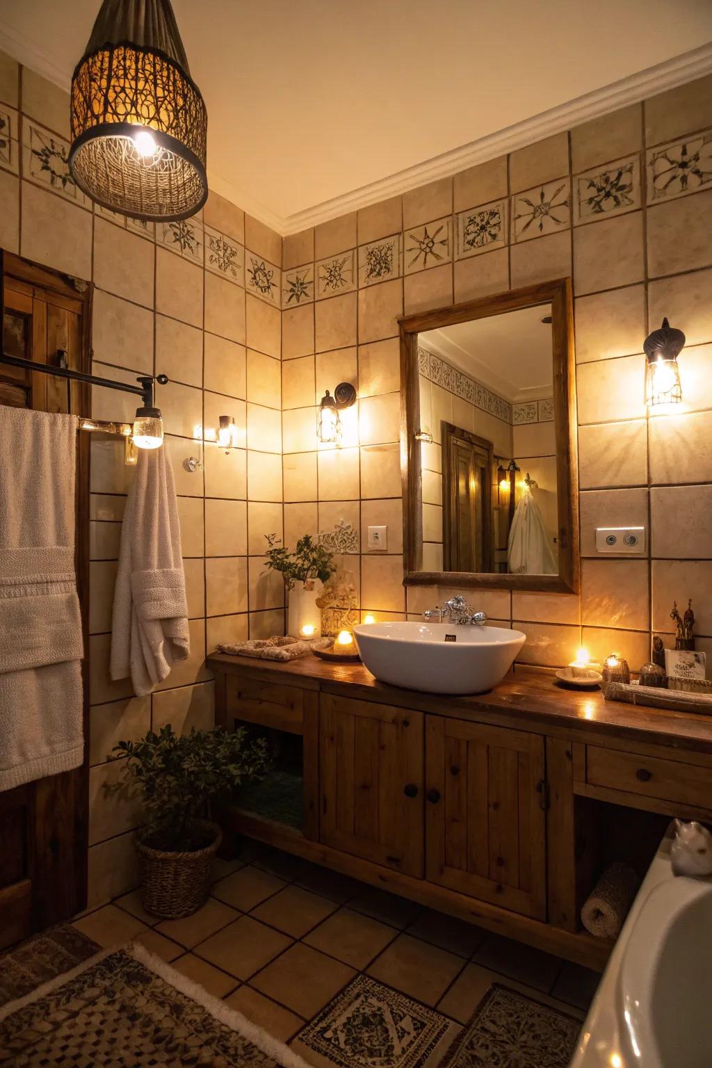 Lights with dimmers give a adjustable, peaceful scene in the bathroom.
