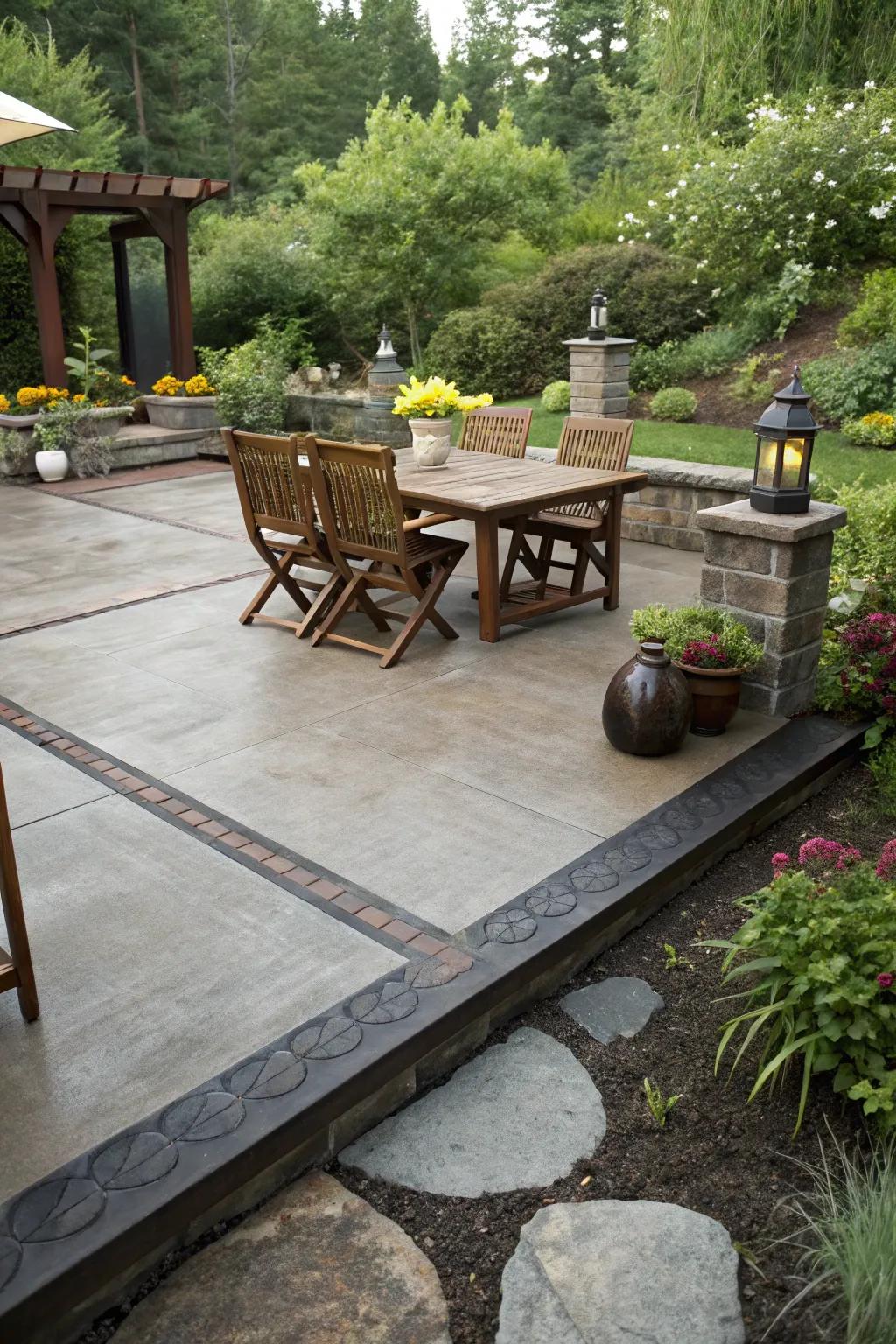 A concrete patio with a defined dark border for a refined look.
