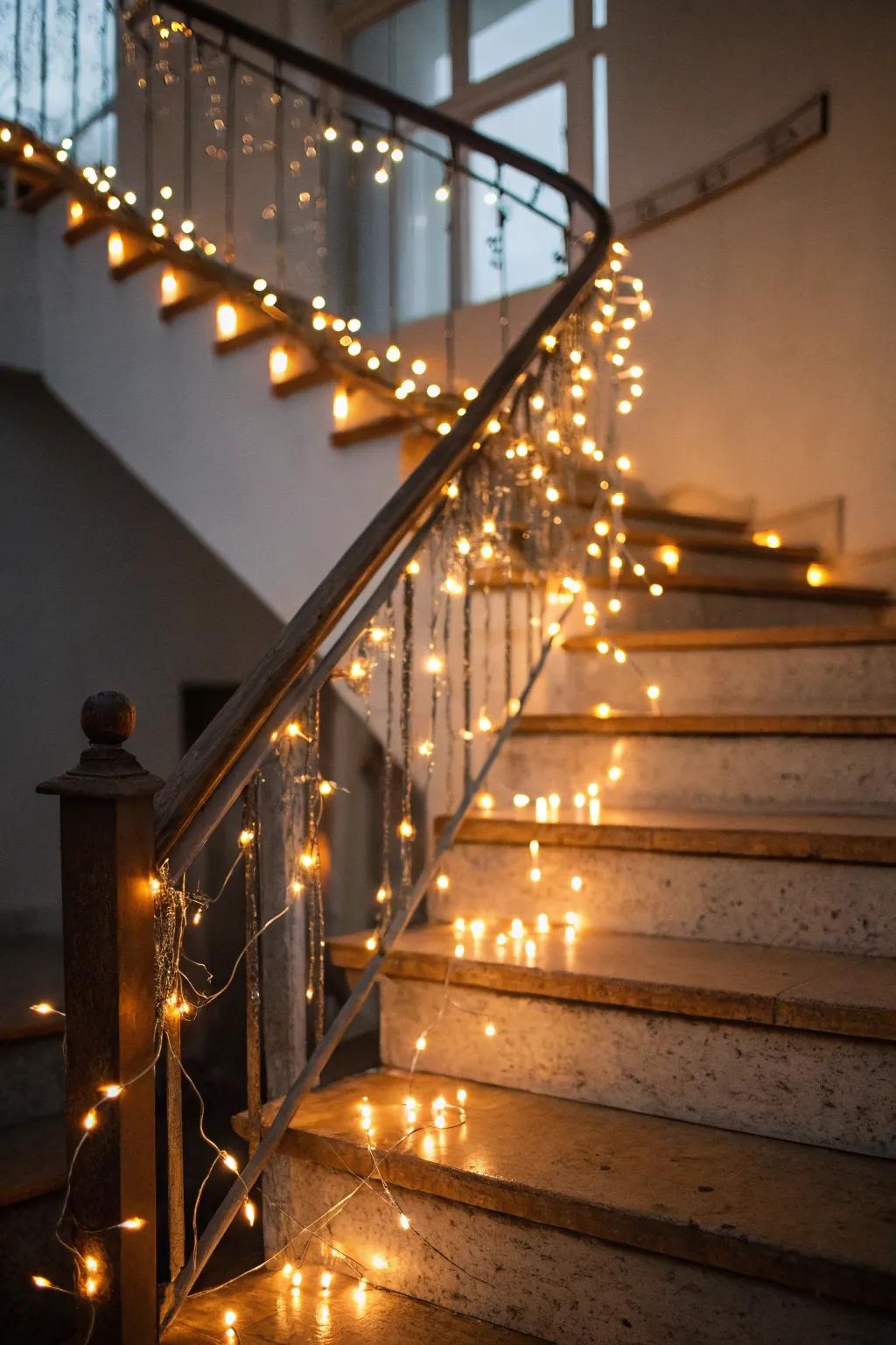 A staircase aglow with twinkling fairy lights.