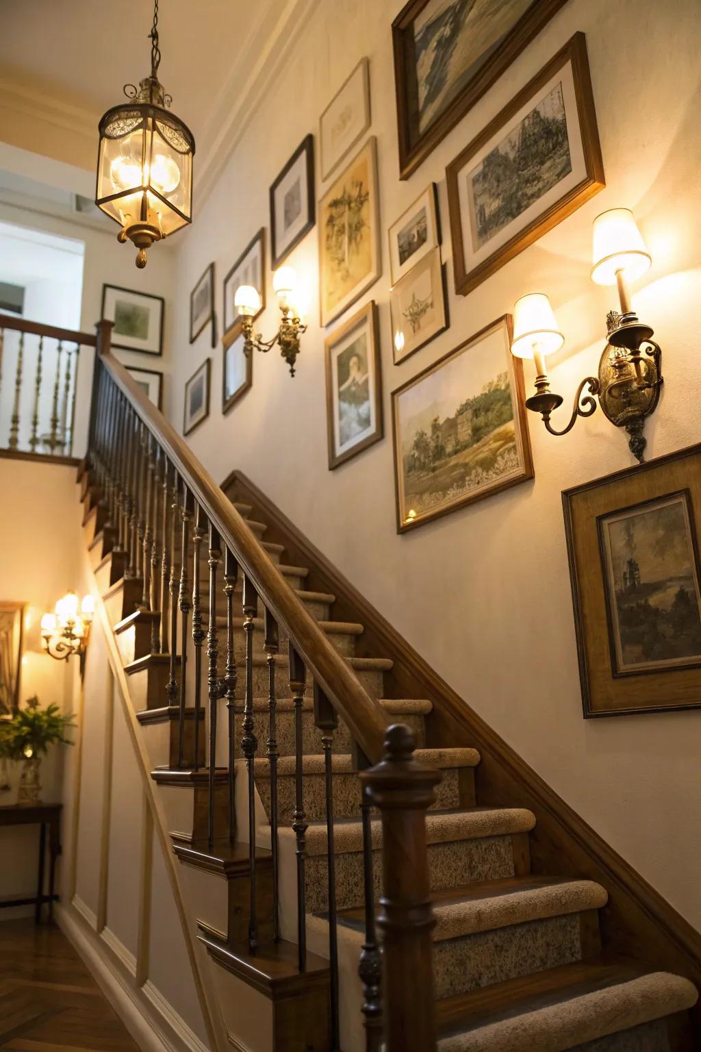 Classic sconces elegantly spotlight the stairway display.