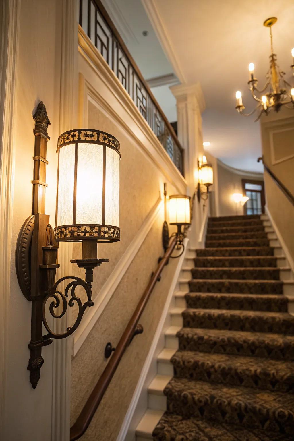 Wall lights imbue the stairway with warmth and flair.