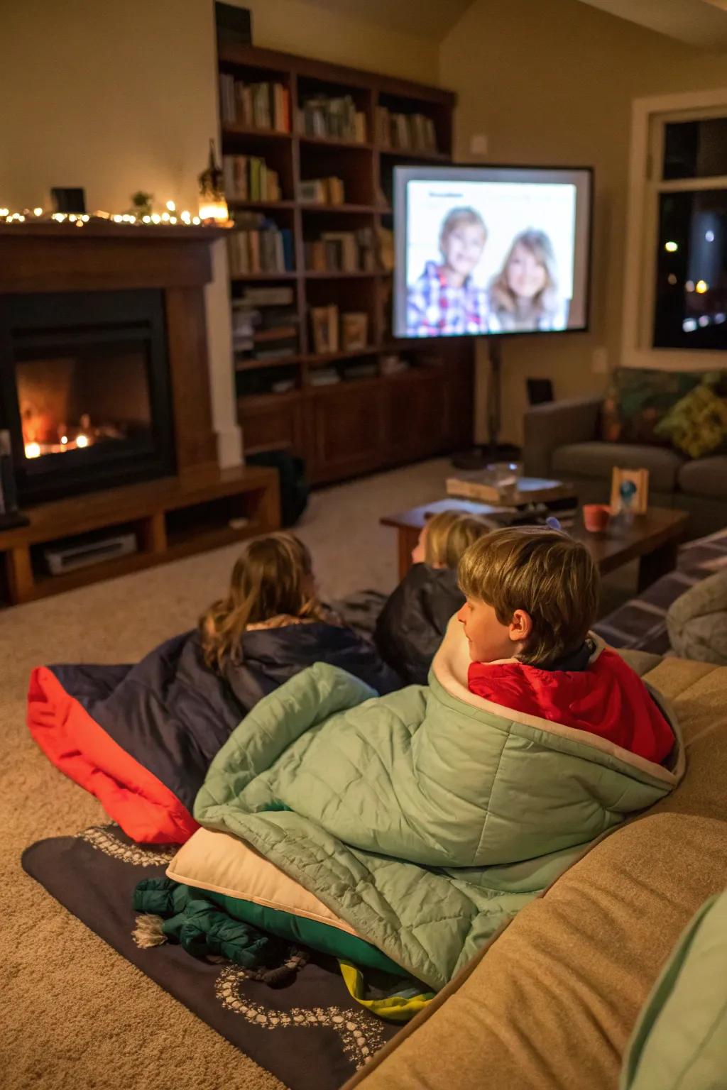 Delight in a cozy sleepover filled with films and laughter.