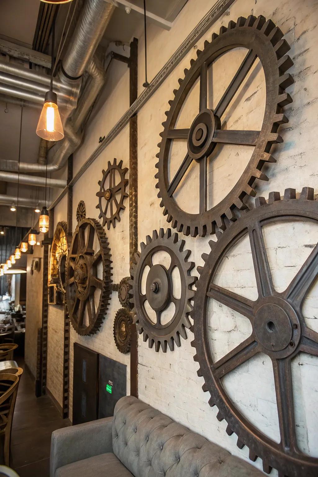 Metallic gears transform a basic surface into a steampunk masterpiece.