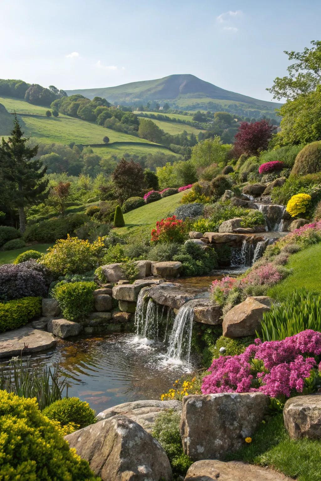 A cascade injects a peaceful, impressive touch into hillside landscapes.