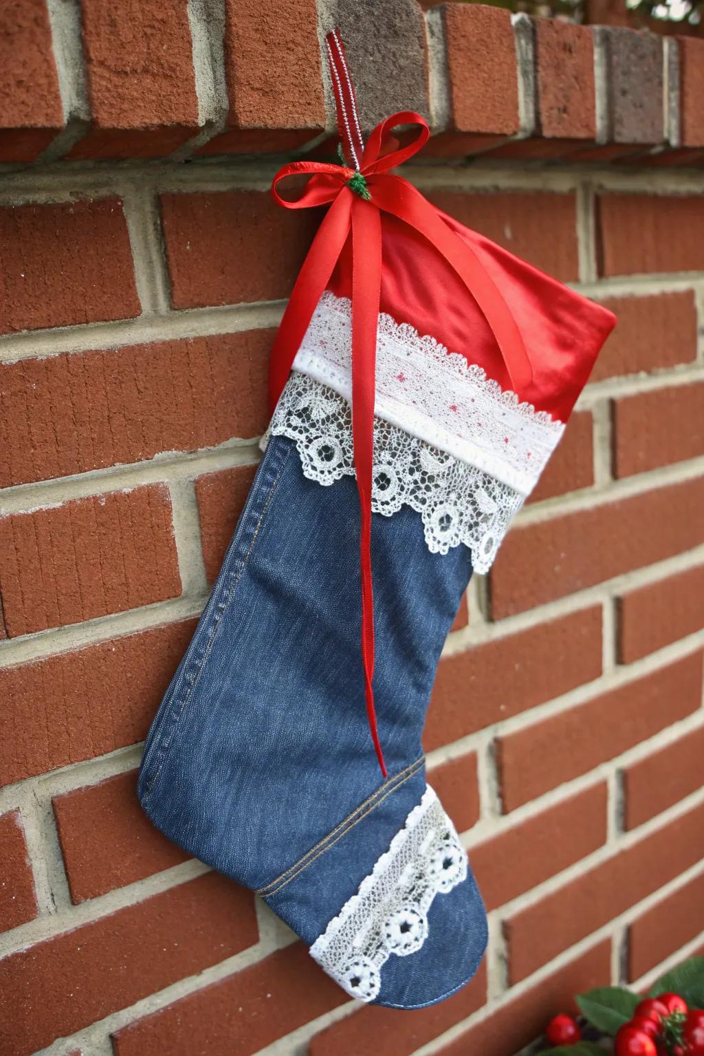 Denim stockings present a chic, modern aesthetic.