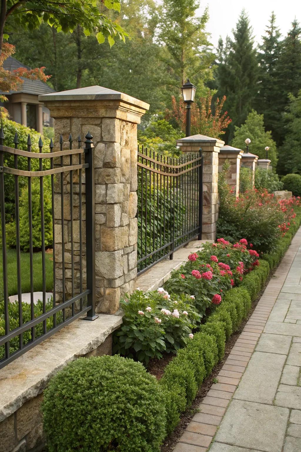 A harmonious stone and iron fence beautifully connected with the surrounding garden landscape.