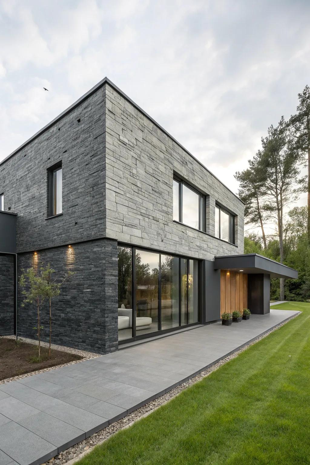 A modern home featuring a streamlined record stone facade.