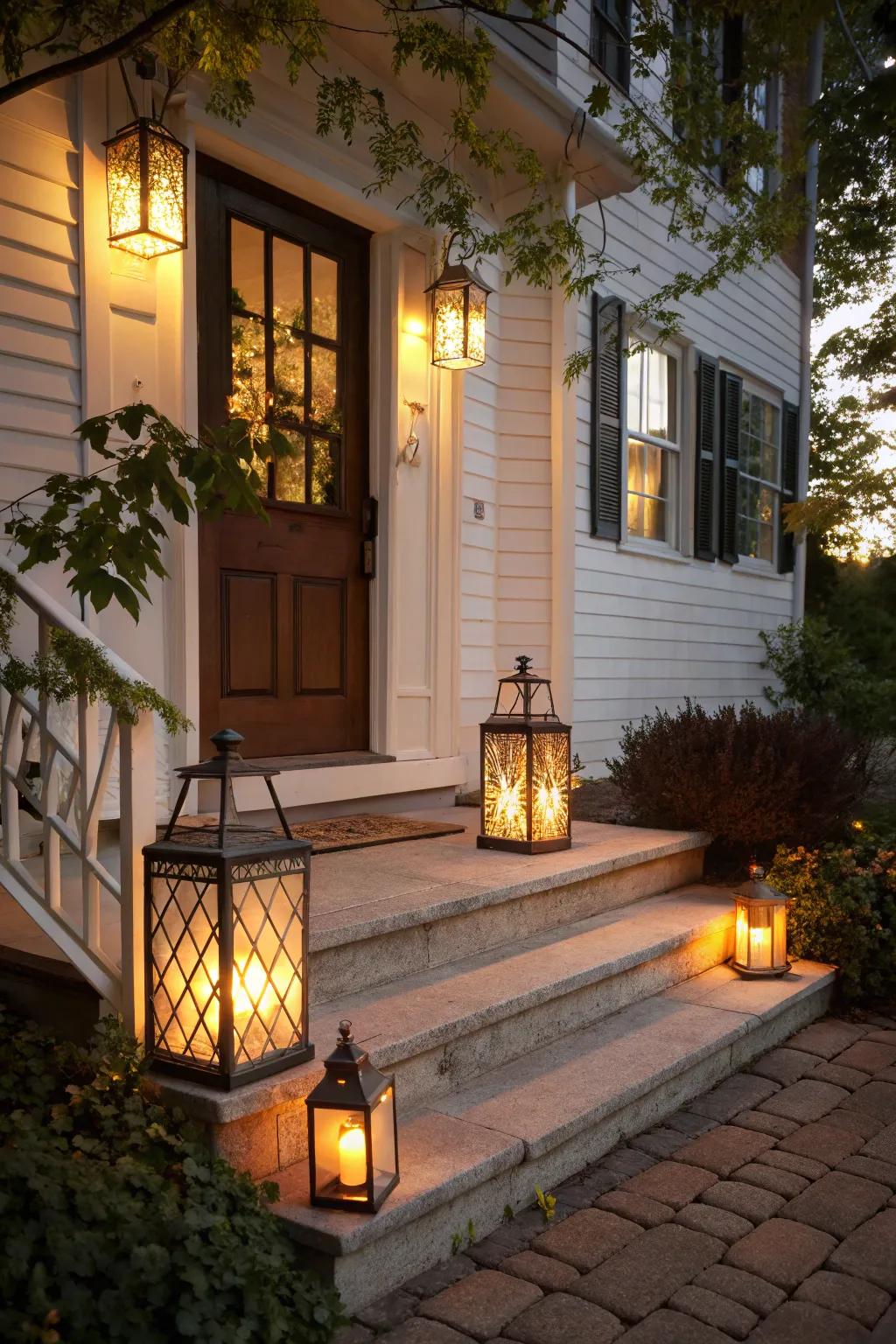 Lanterns providing a cozy radiance on this lovely stoop.