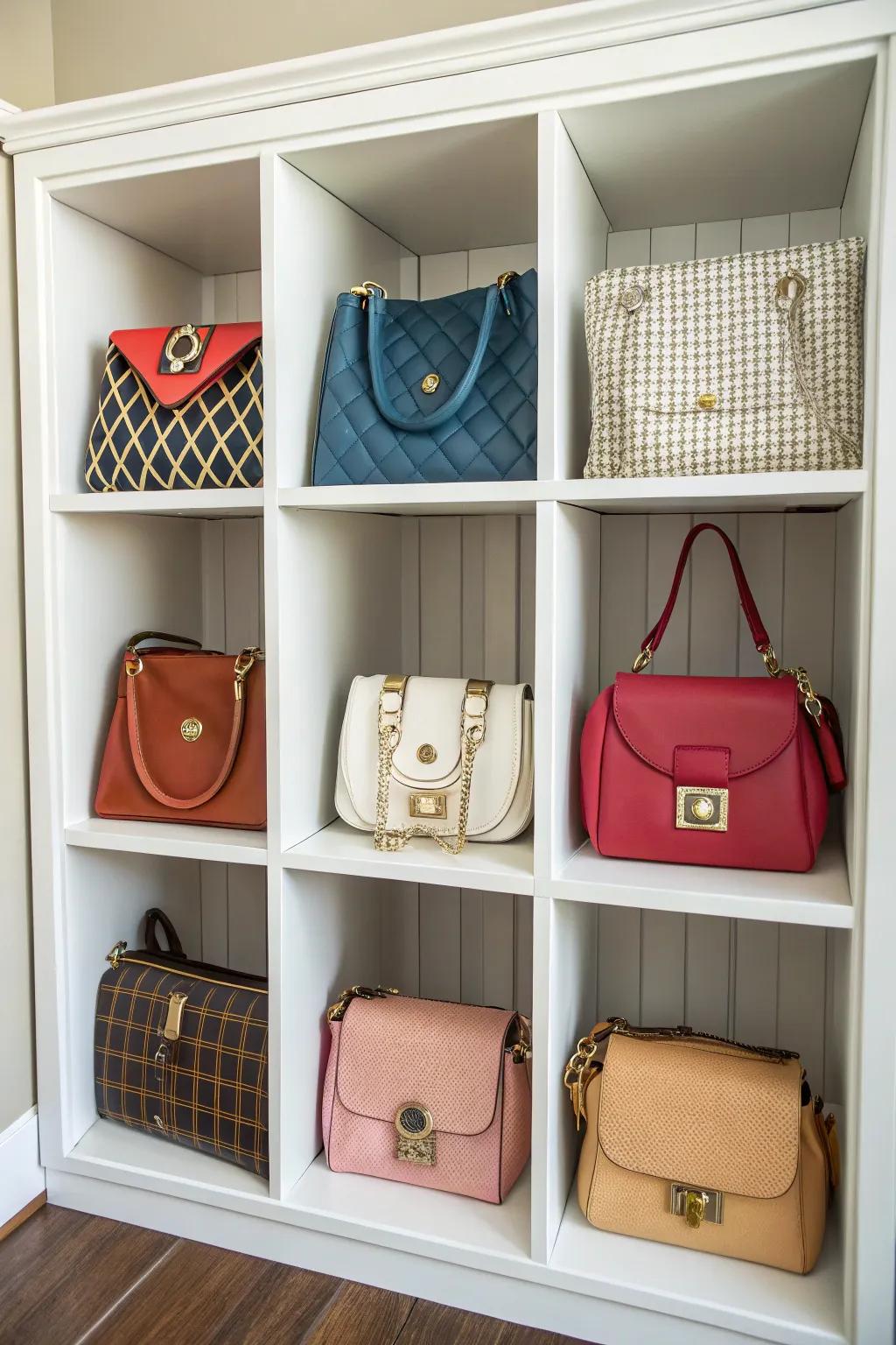 Cubbies neatly organizing an array of handbags.
