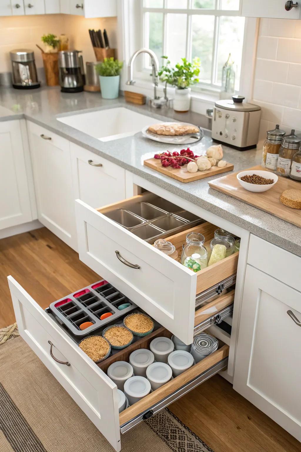 Neat kitchen with pull-out drawers.