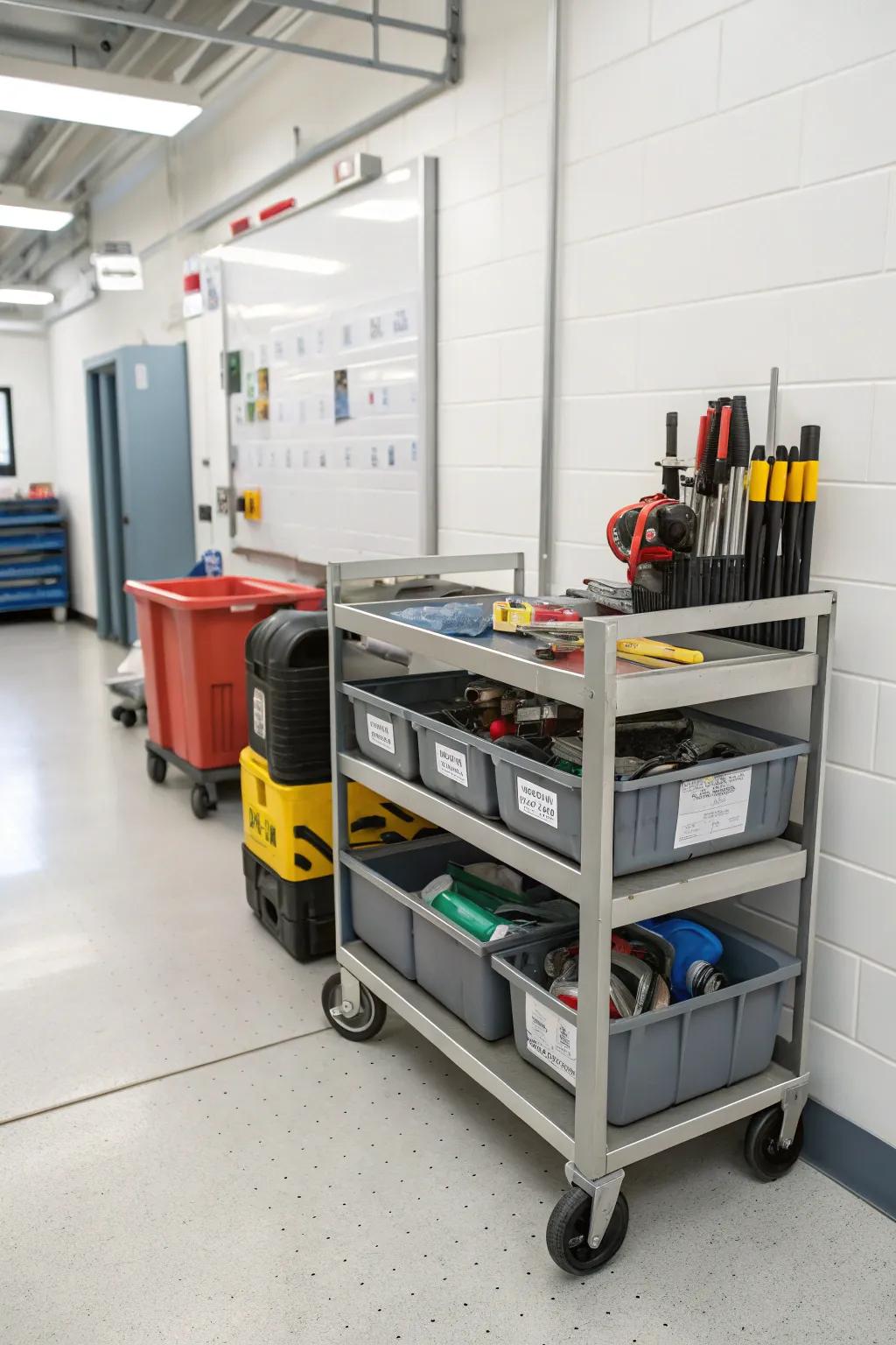 Mobile trolleys offer adaptability and easy access to frequently used items.