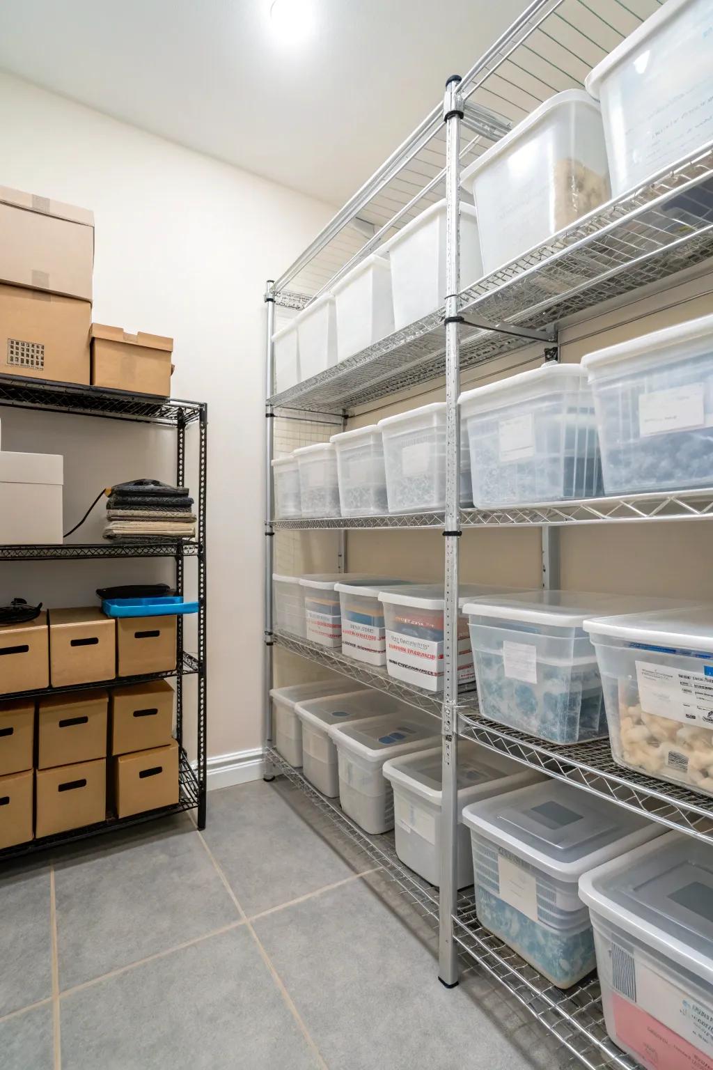 Wire shelving offers a light and airy storage option.
