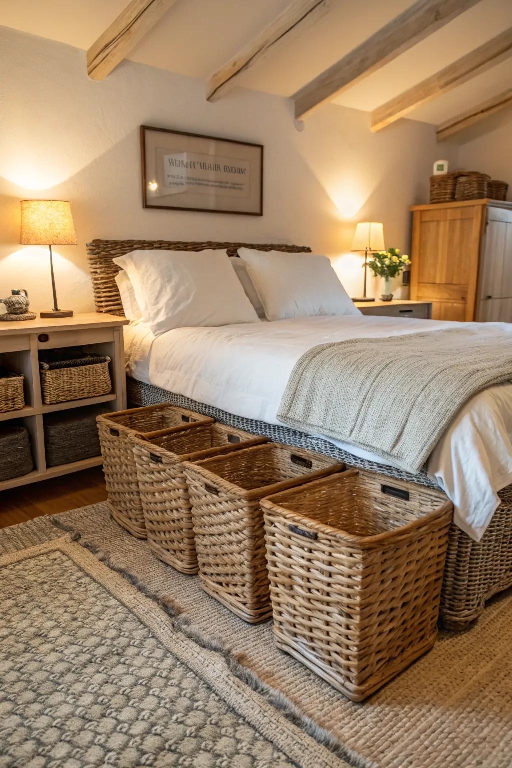 Exploit under-bed area with fashionable storage bins.