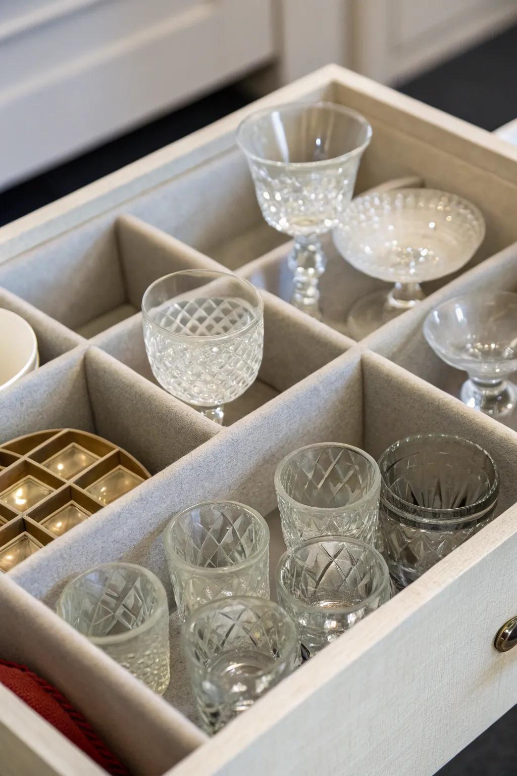 Boxes with compartments provide safe storage for delicate glassware.