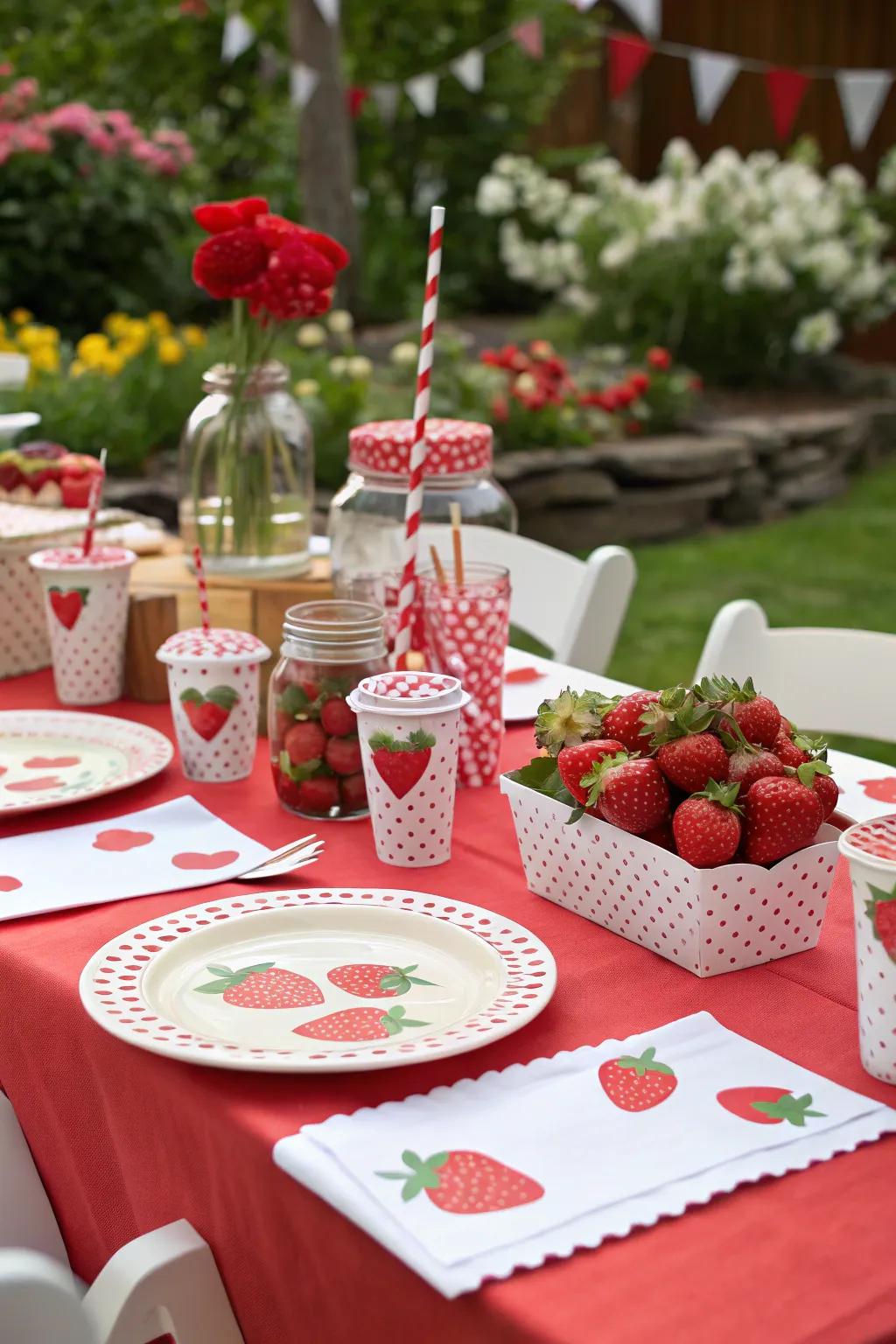 A picturesque garden party adorned with strawberry-themed decorations.