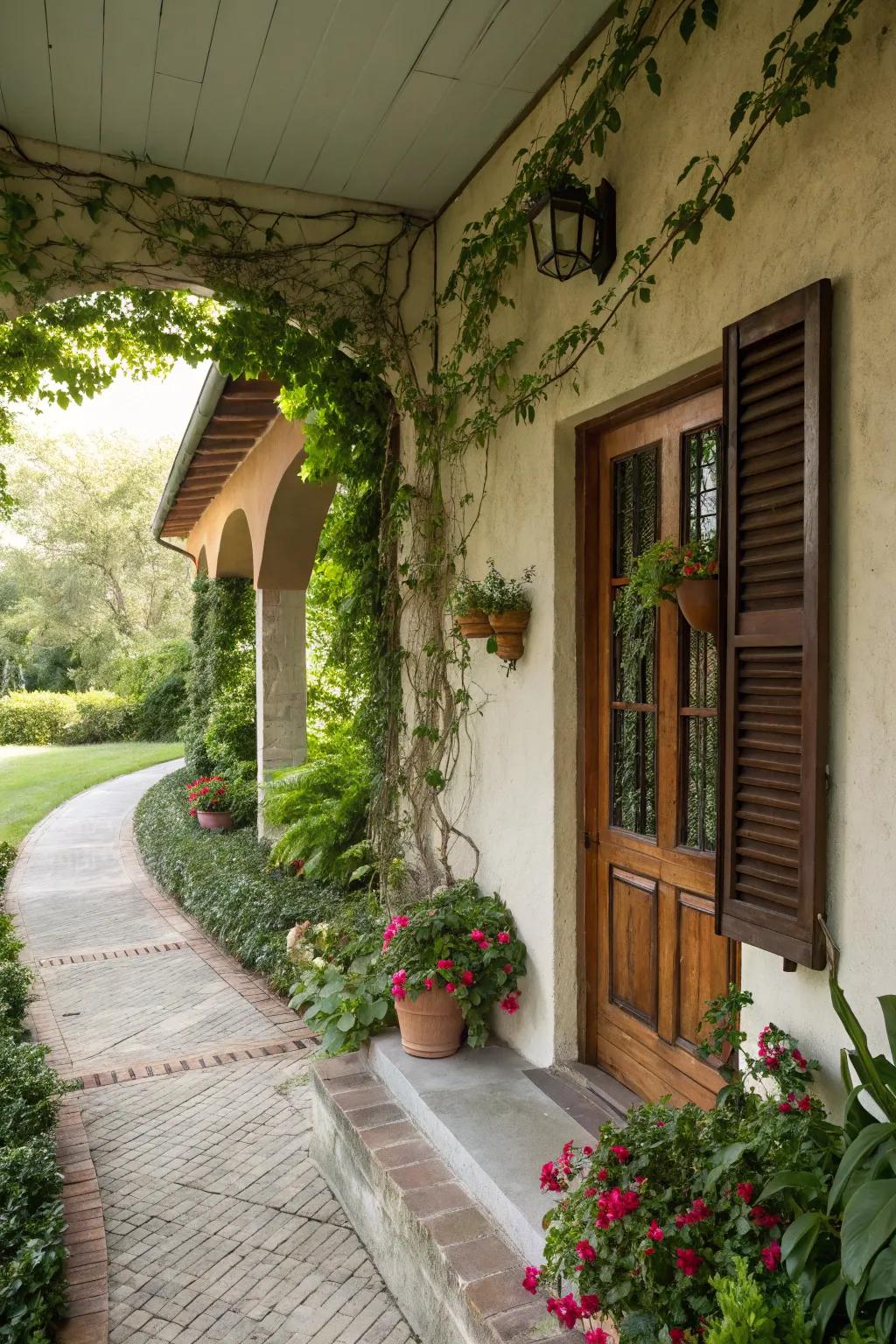 Abundant greenery beautifully complements the stucco porch.