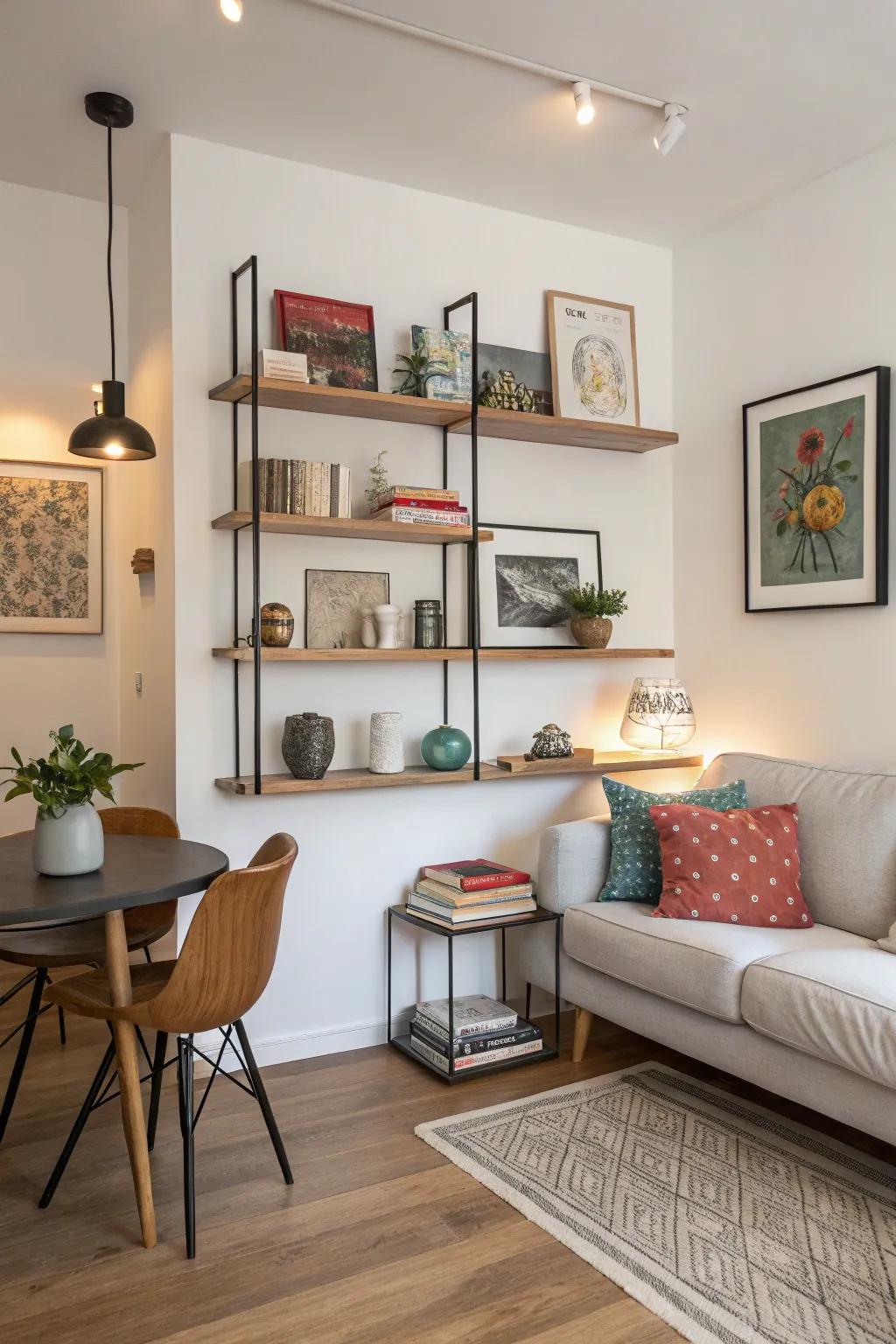 Floating shelves give character and storage without adding clutter to the floor.
