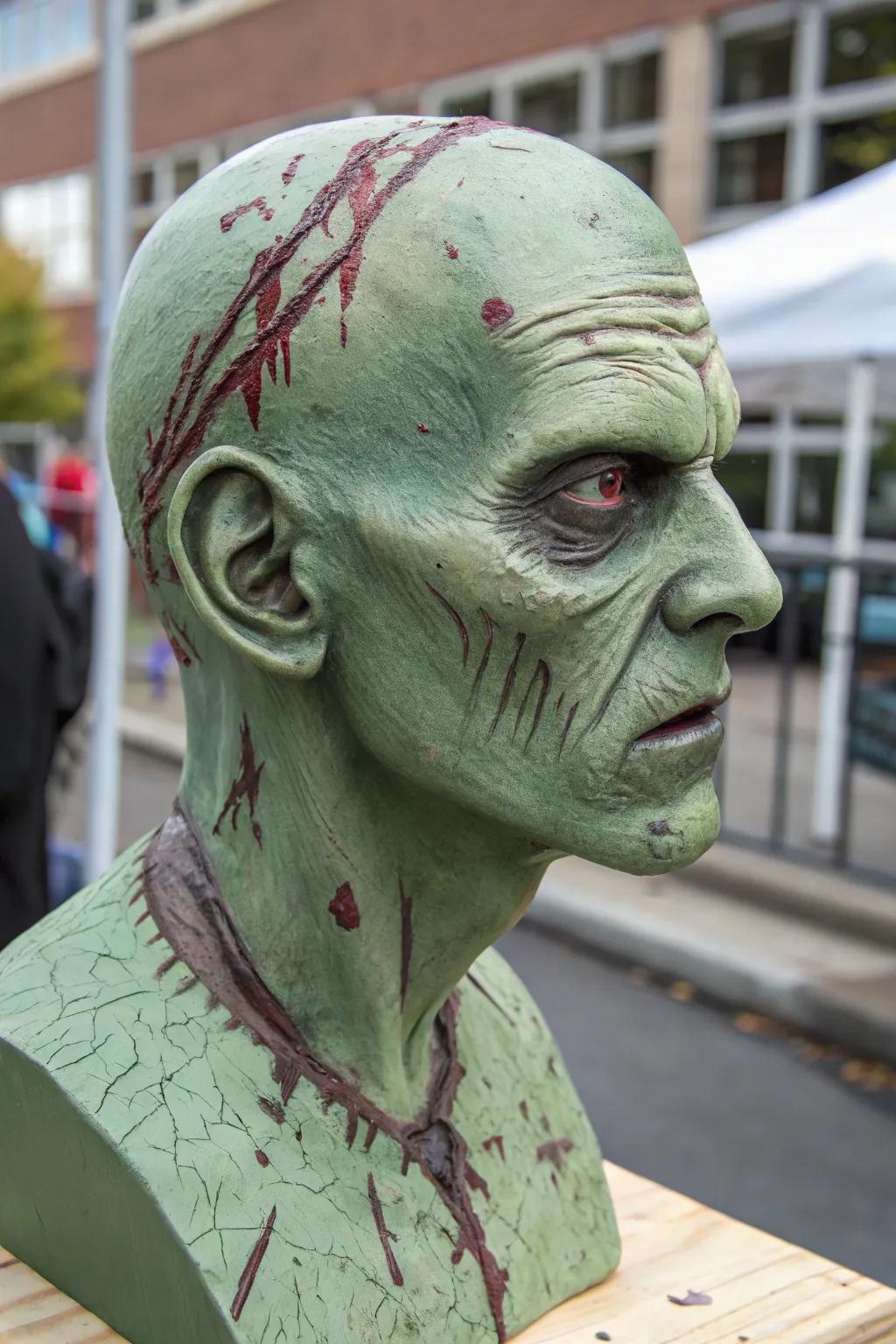 A zombie head that appears eerily real.