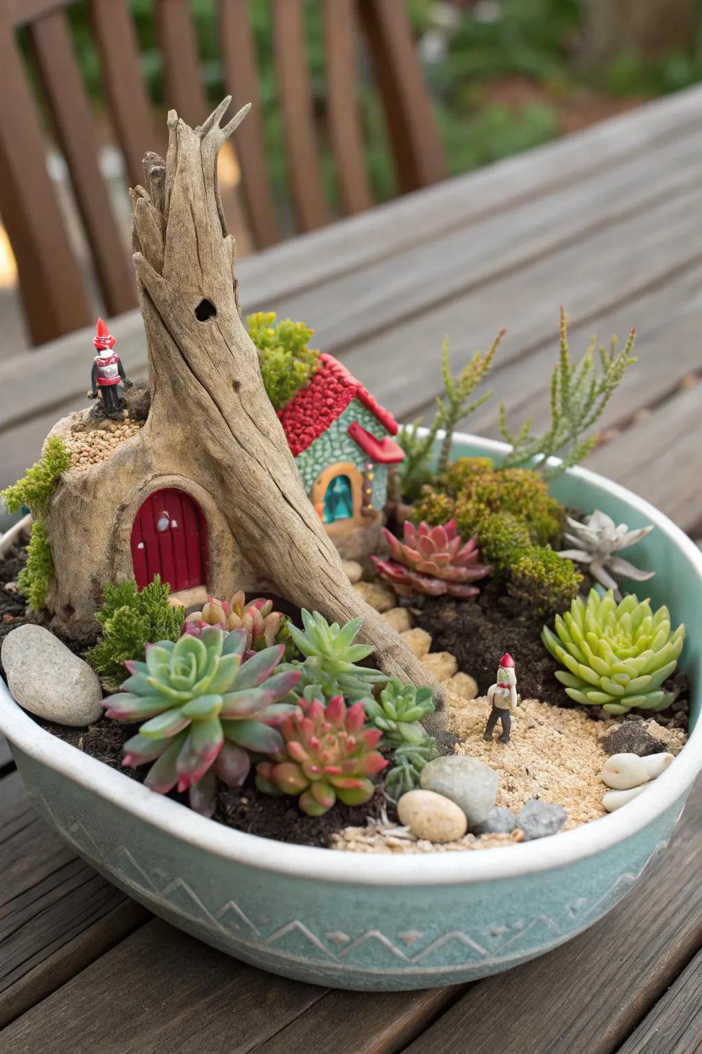 A whimsical miniature landscape succulent garden.