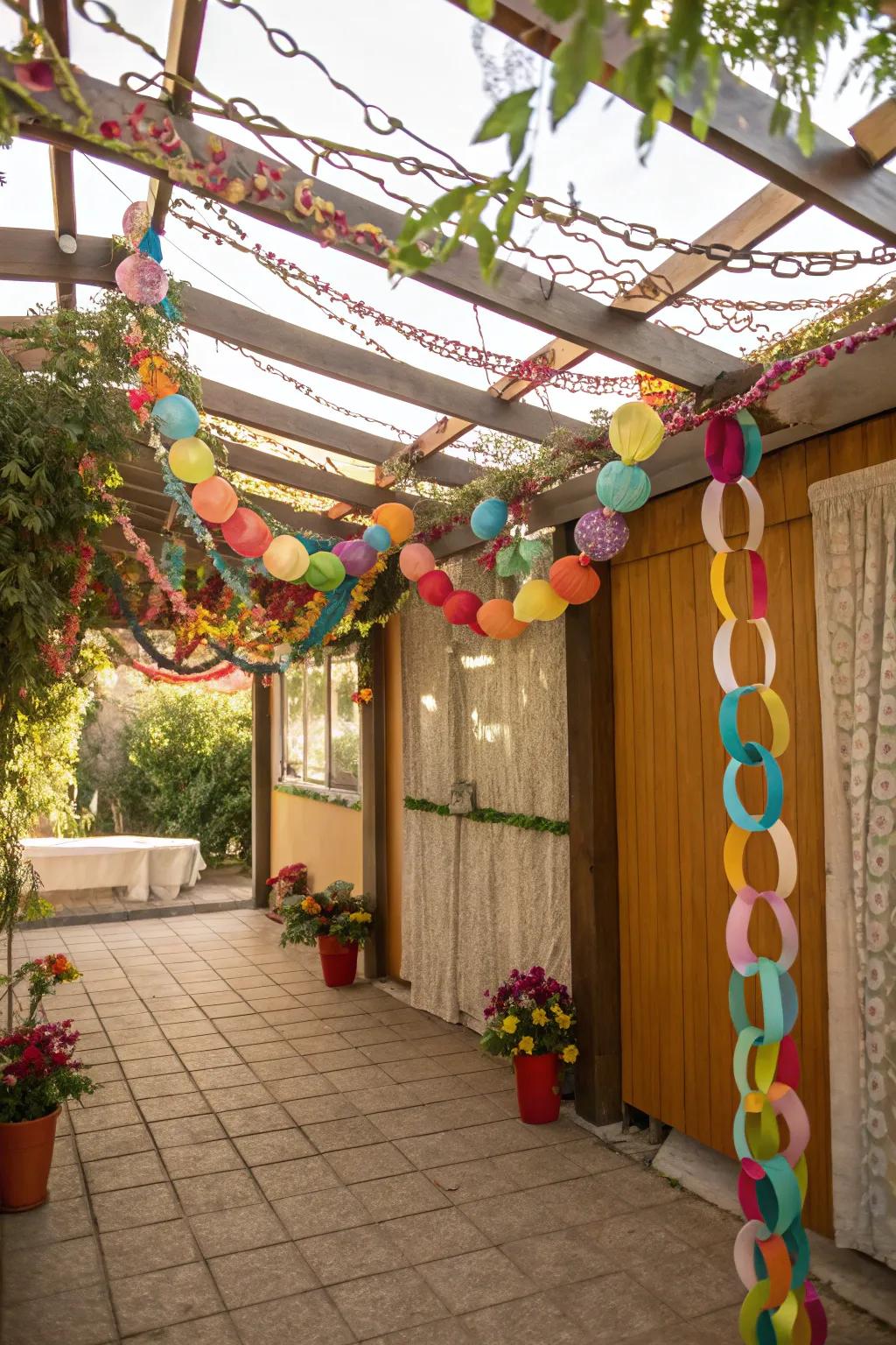 A playful sukkah embellished with vibrant paper link chains.