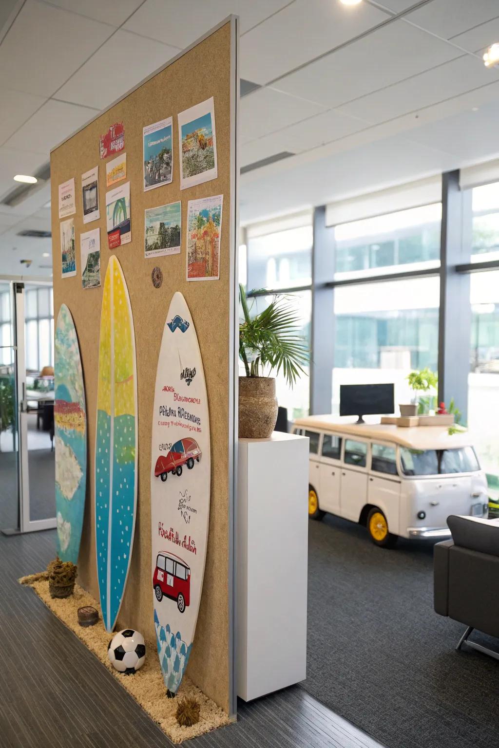 Stimulate wanderlust with travel symbols such as boards and campervans.