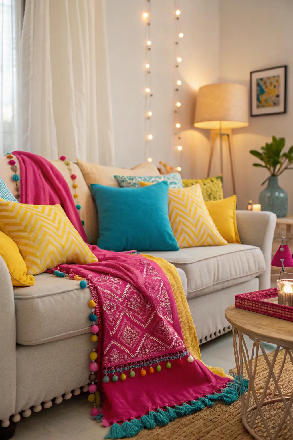 Lively pillows and throws contribute a splash of summer color to this living room.