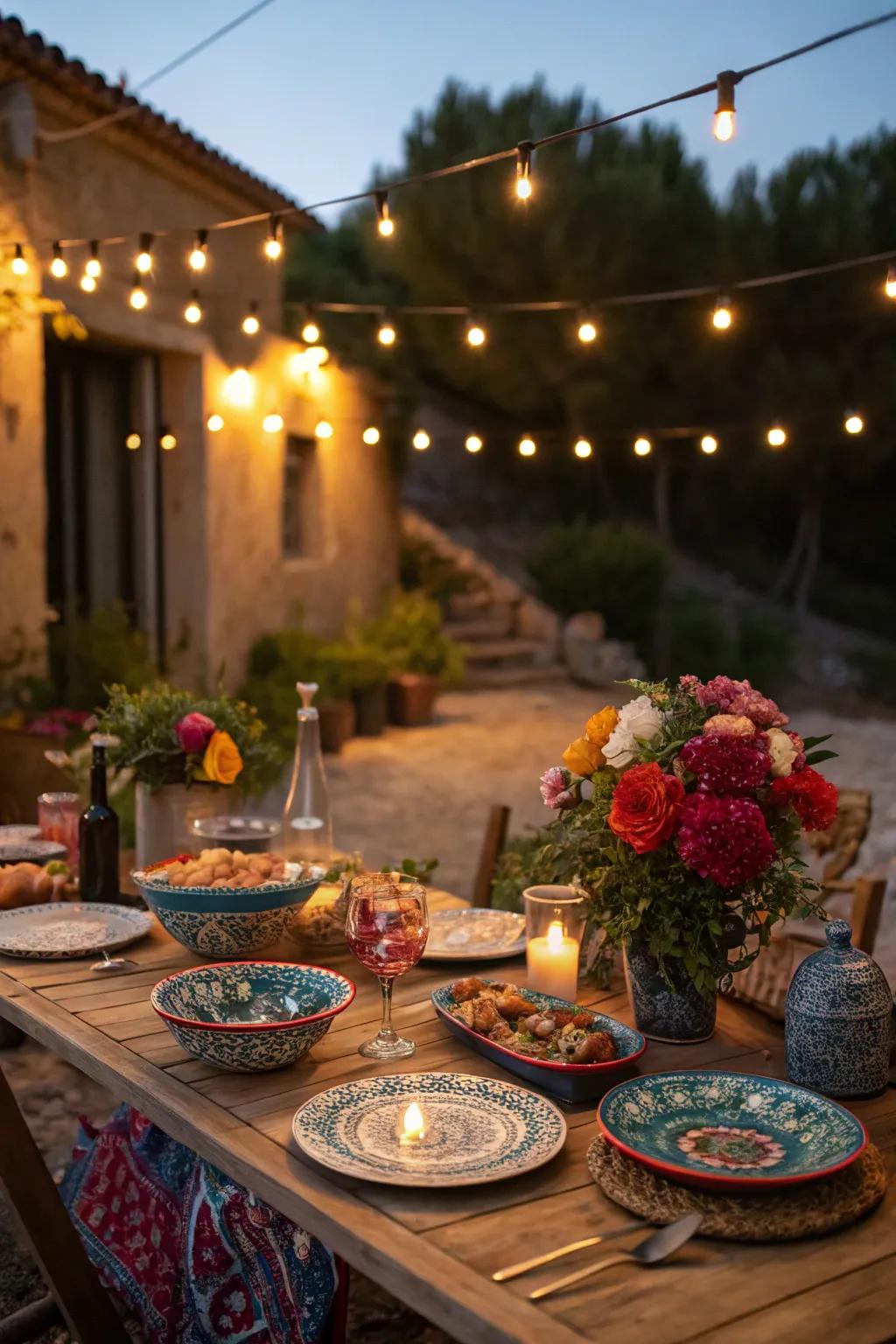 An inviting Coastal Europe outdoor meal beneath the stars featuring traditional meals.