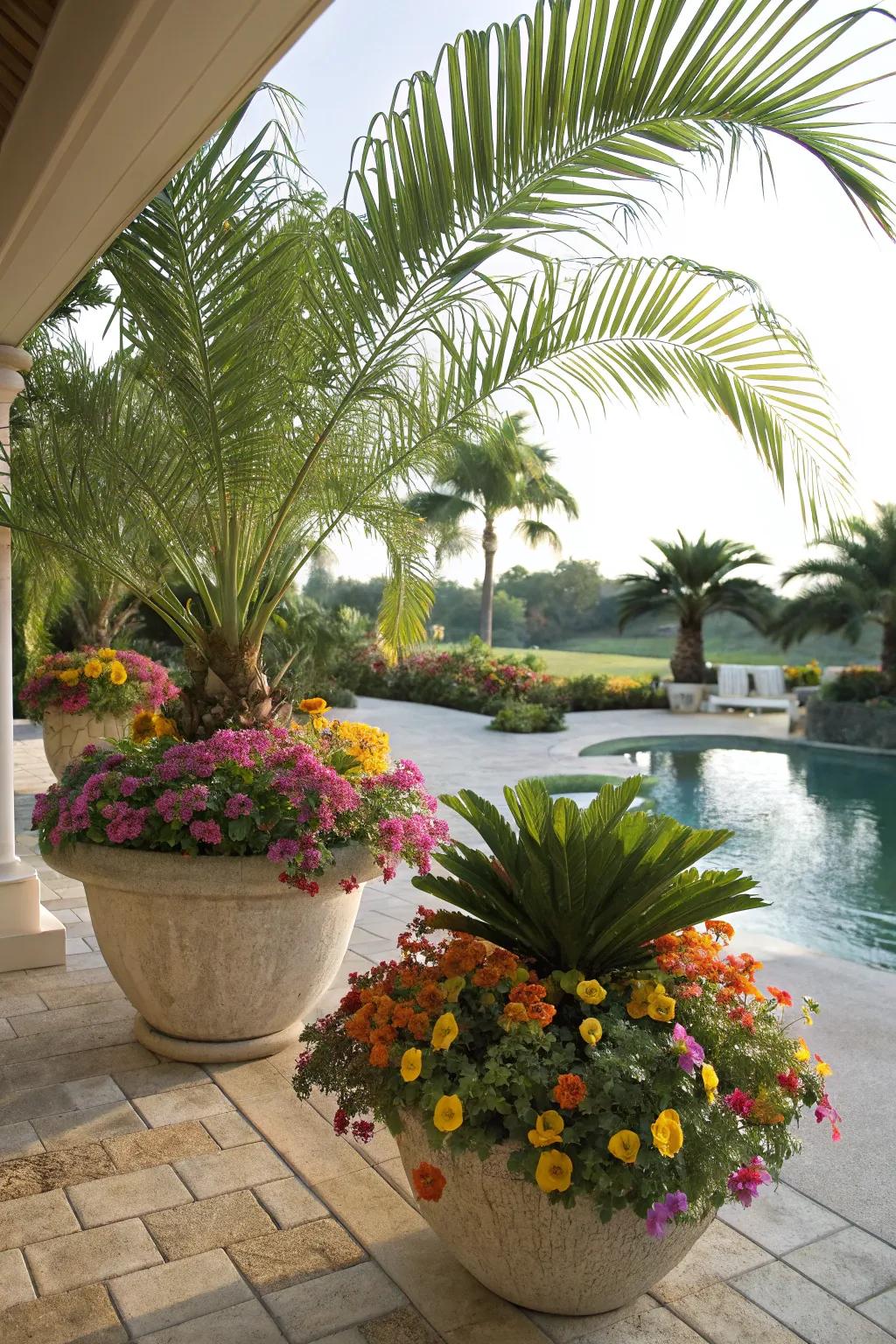 Tropical frond plants accompanying vivid blossoms