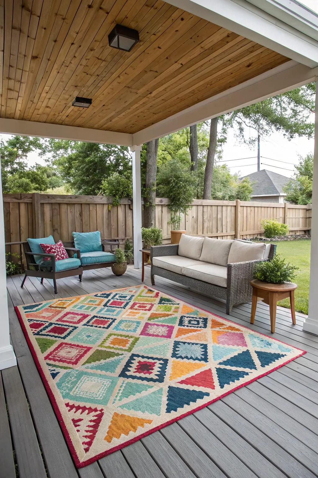 A statement rug adds character and defines your porch space.