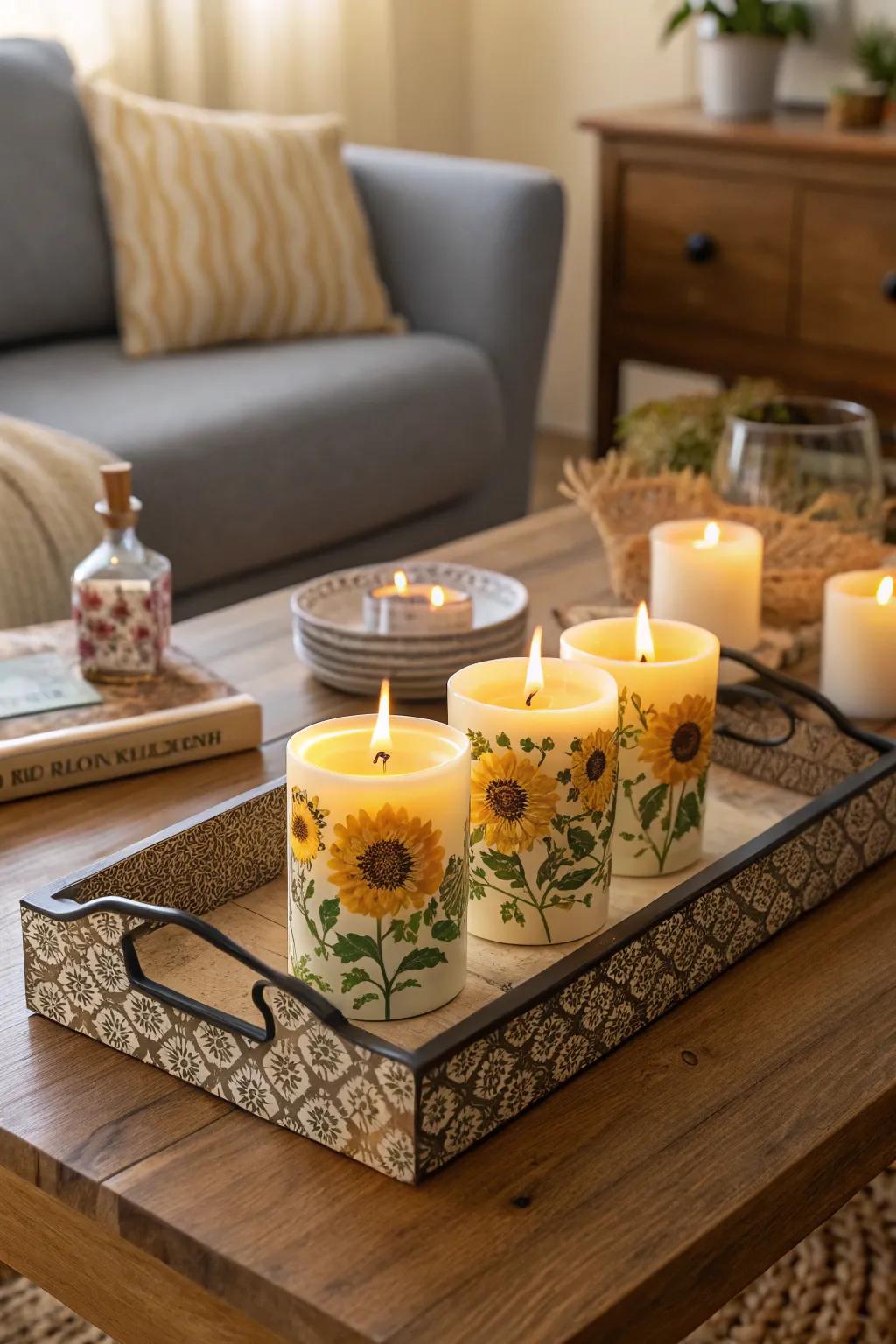Sunflower-scented candles creating a tranquil ambiance.