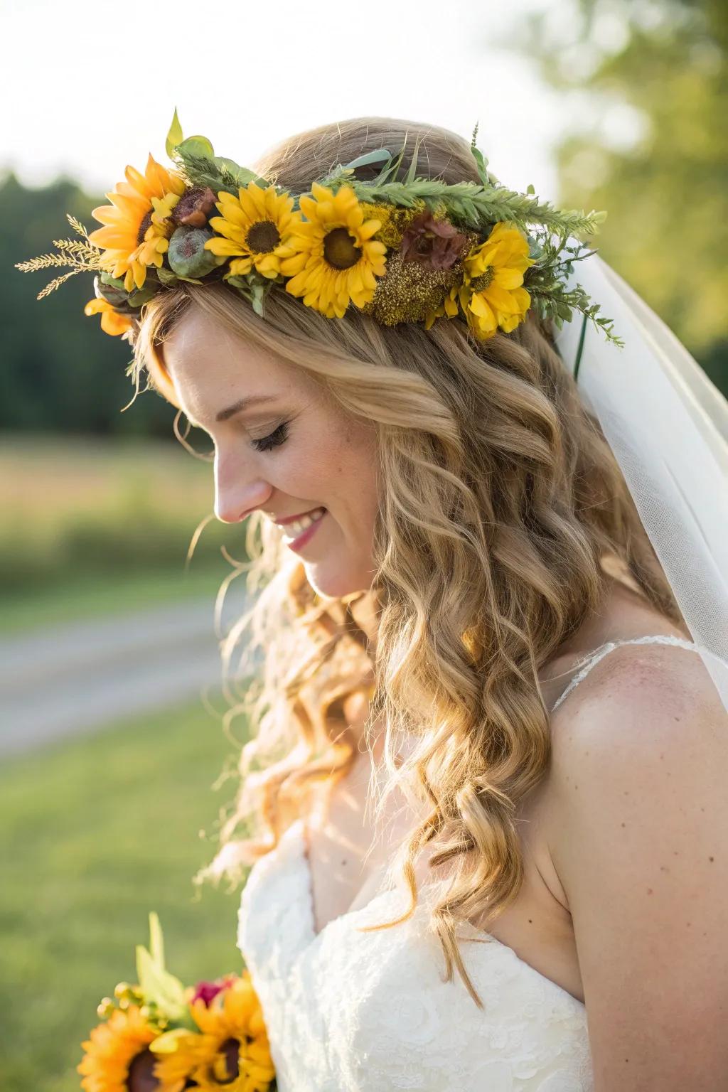 A bride enhanced with a sunflower crown, showcasing a spirited hairstyle.