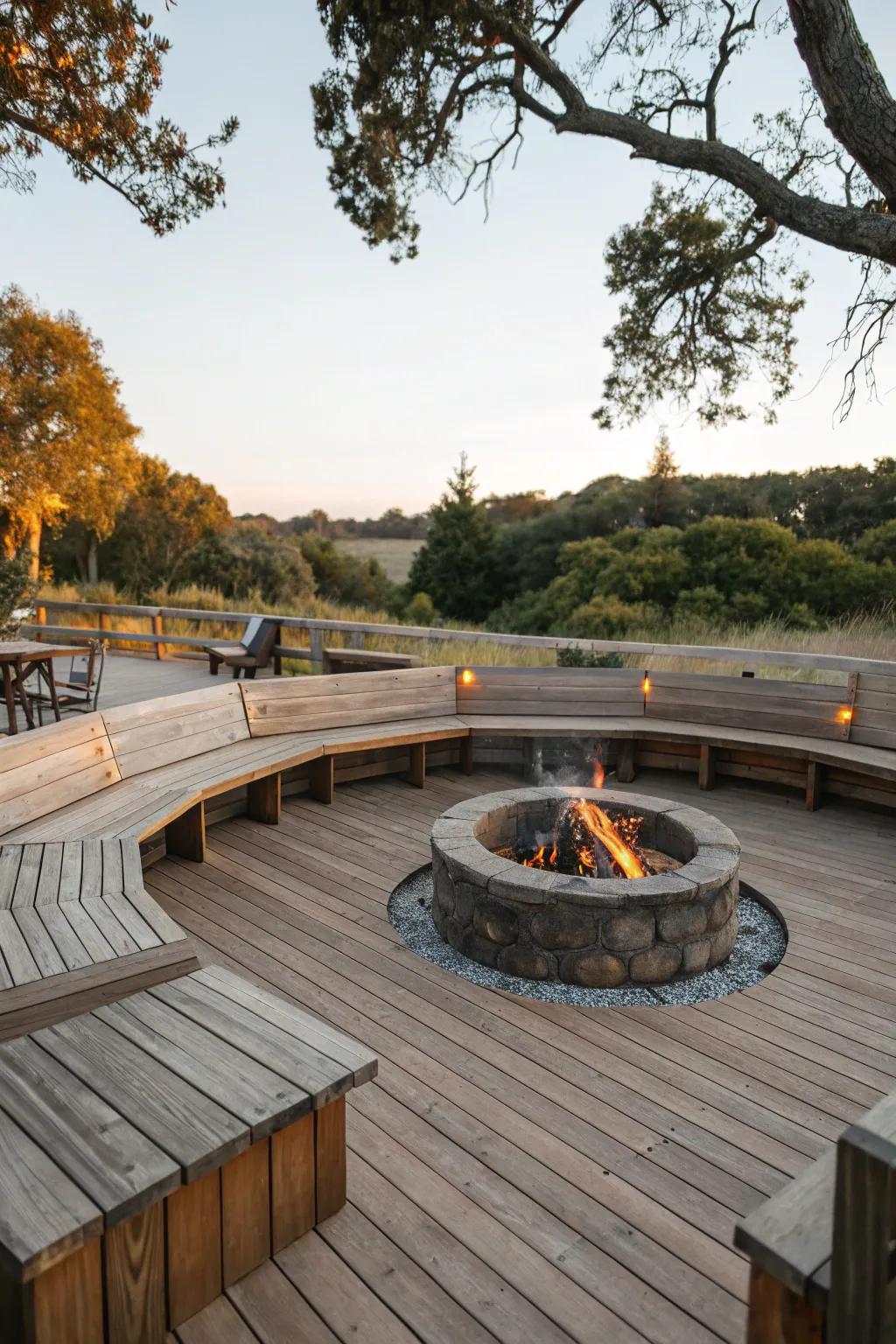 Wood details enrich the warmth of this recessed fire pit.