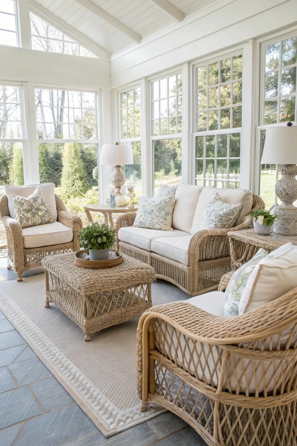 Osier details offer timeless elegance to this sunroom area.
