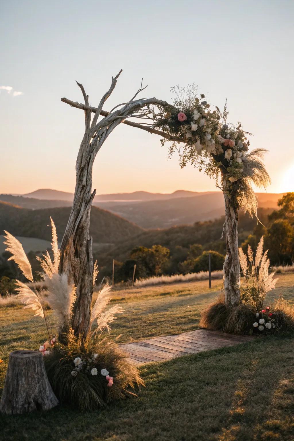 An exceptional ceremony arch comprising aged timber and pampas plumes during twilight.