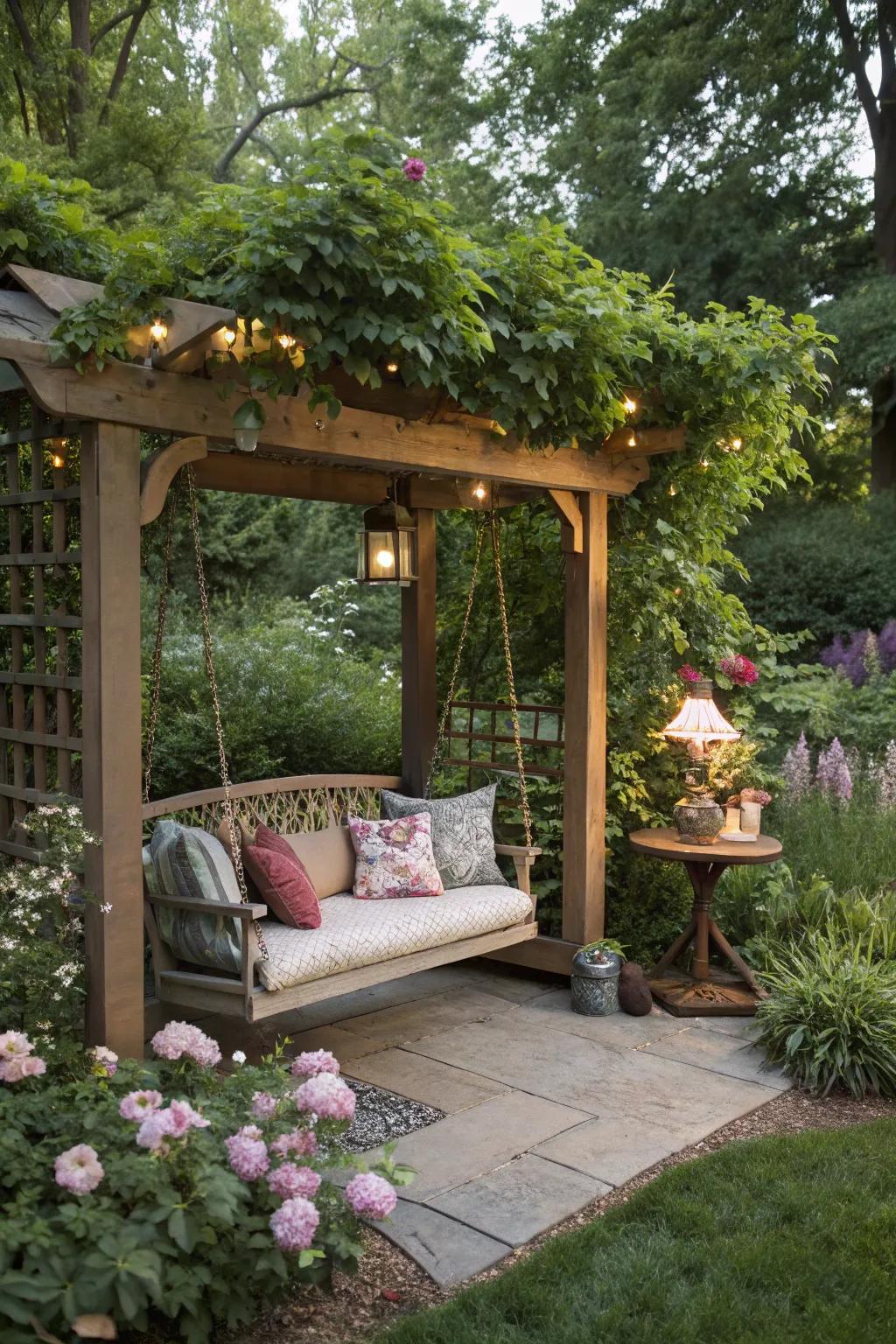 An Adirondack swing fashions a snug nook conducive to relaxation.
