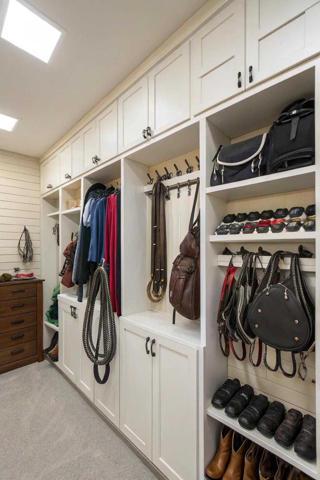Useful furnishings in a tack room optimize vertical storage.