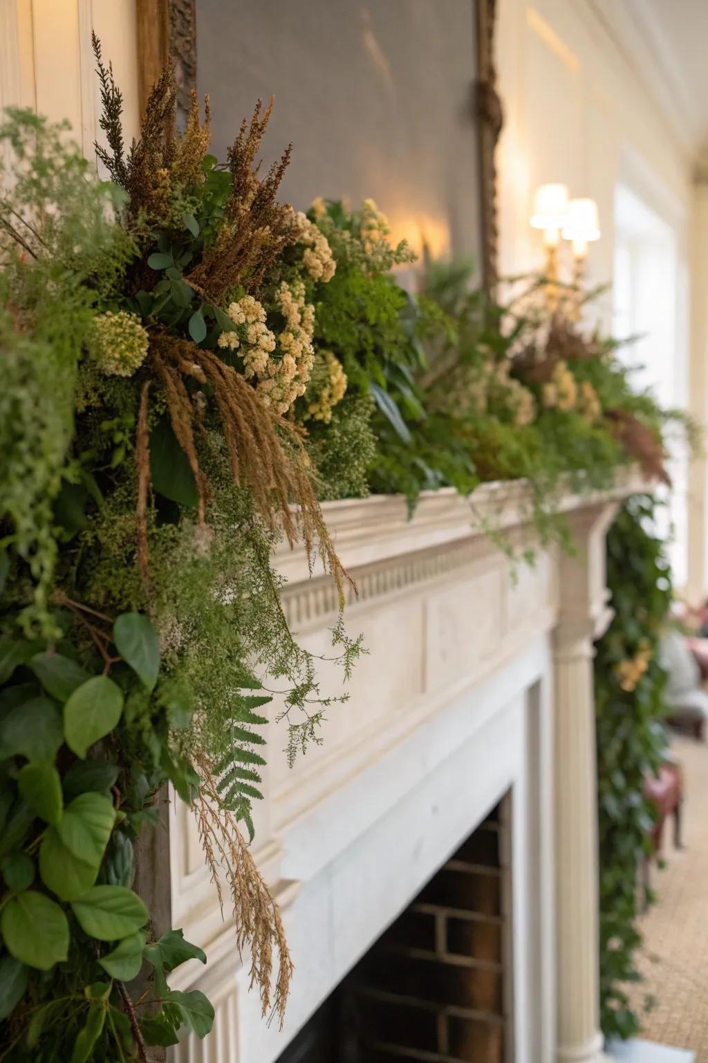 A high mantel decorated with organic touches, including plant life and dried flowers.