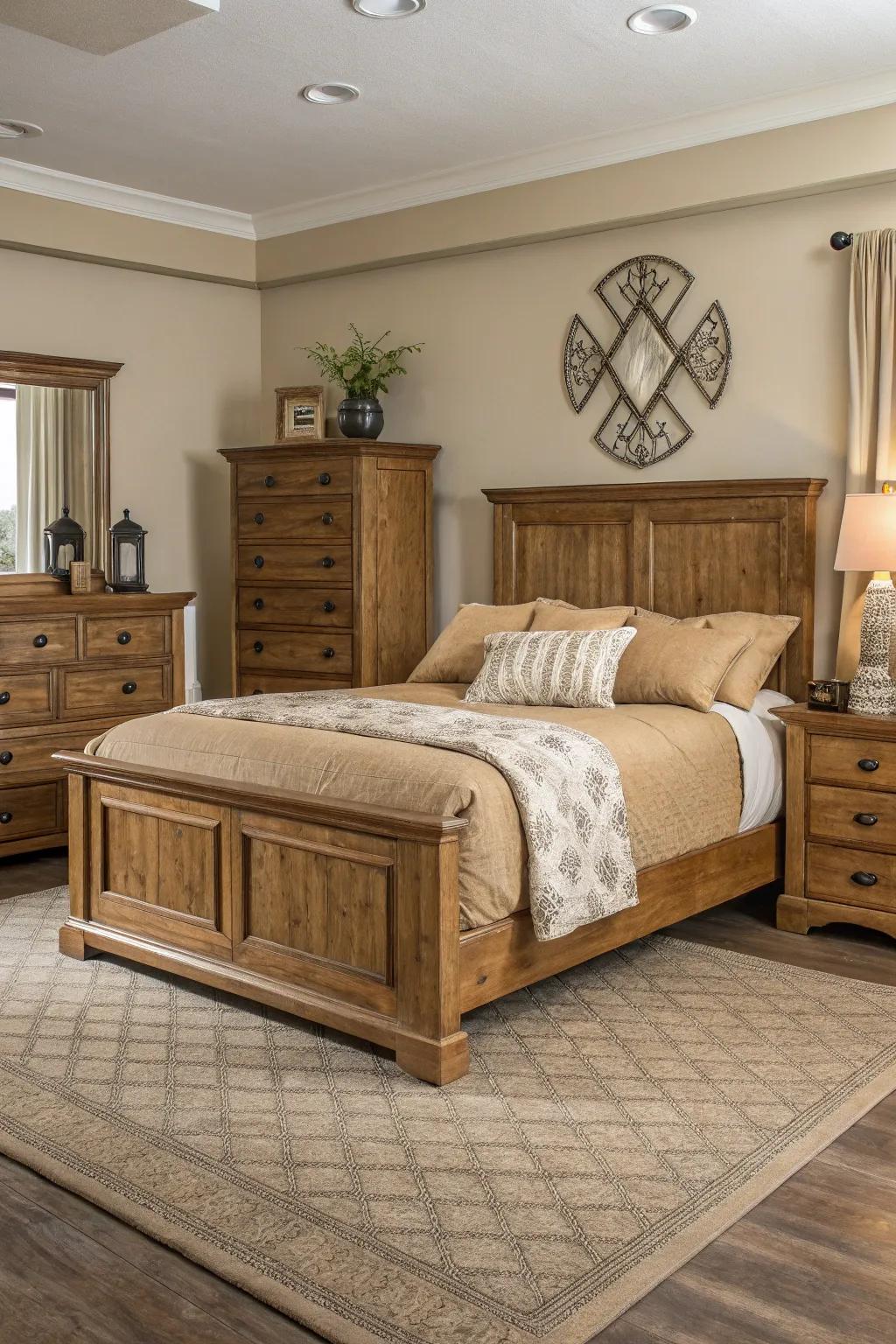 The tan bedroom color scheme is wonderfully complemented by wood furniture.