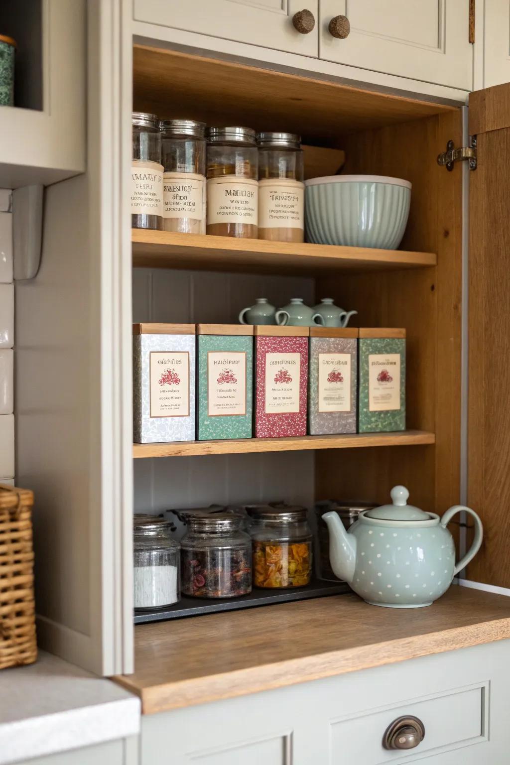 A well-organized cupboard shelf dedicated to storing tea.