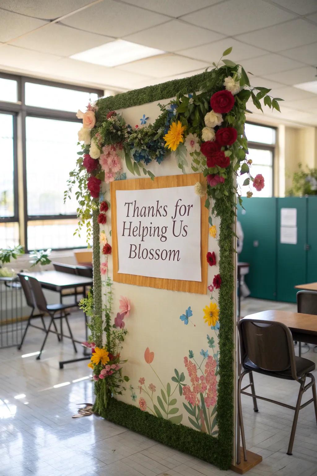 A floral-themed board expressing thanks to teachers for helping students blossom.