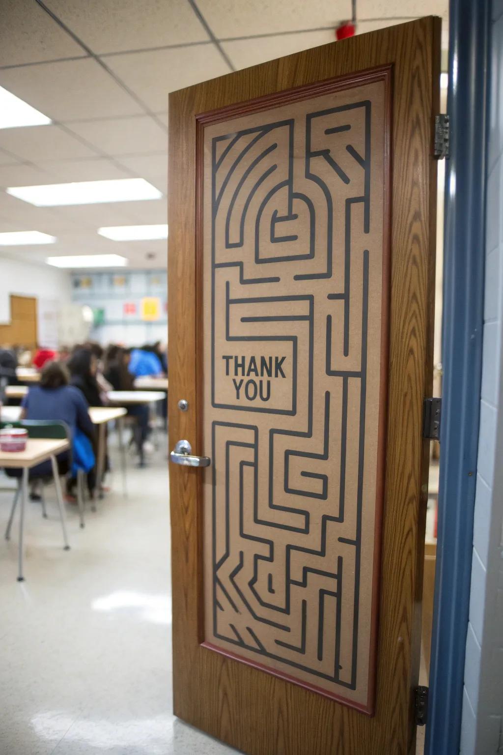 Navigate a labyrinth of gratitude with this inventive door design.