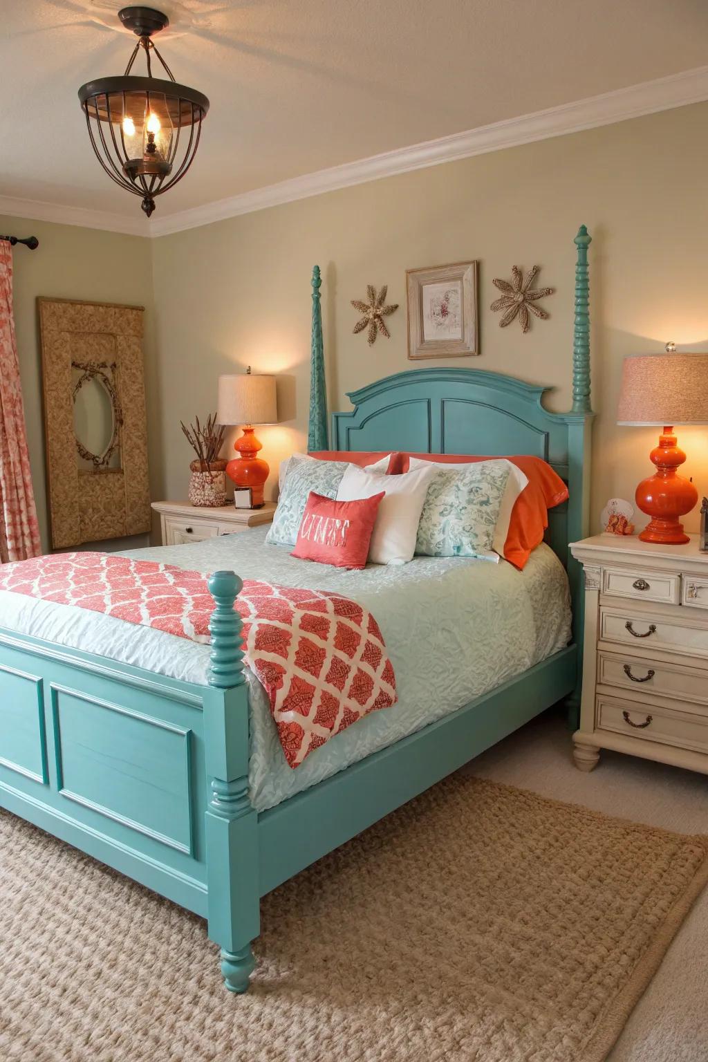 Aqua bed frame accented with peach elements for elegance.