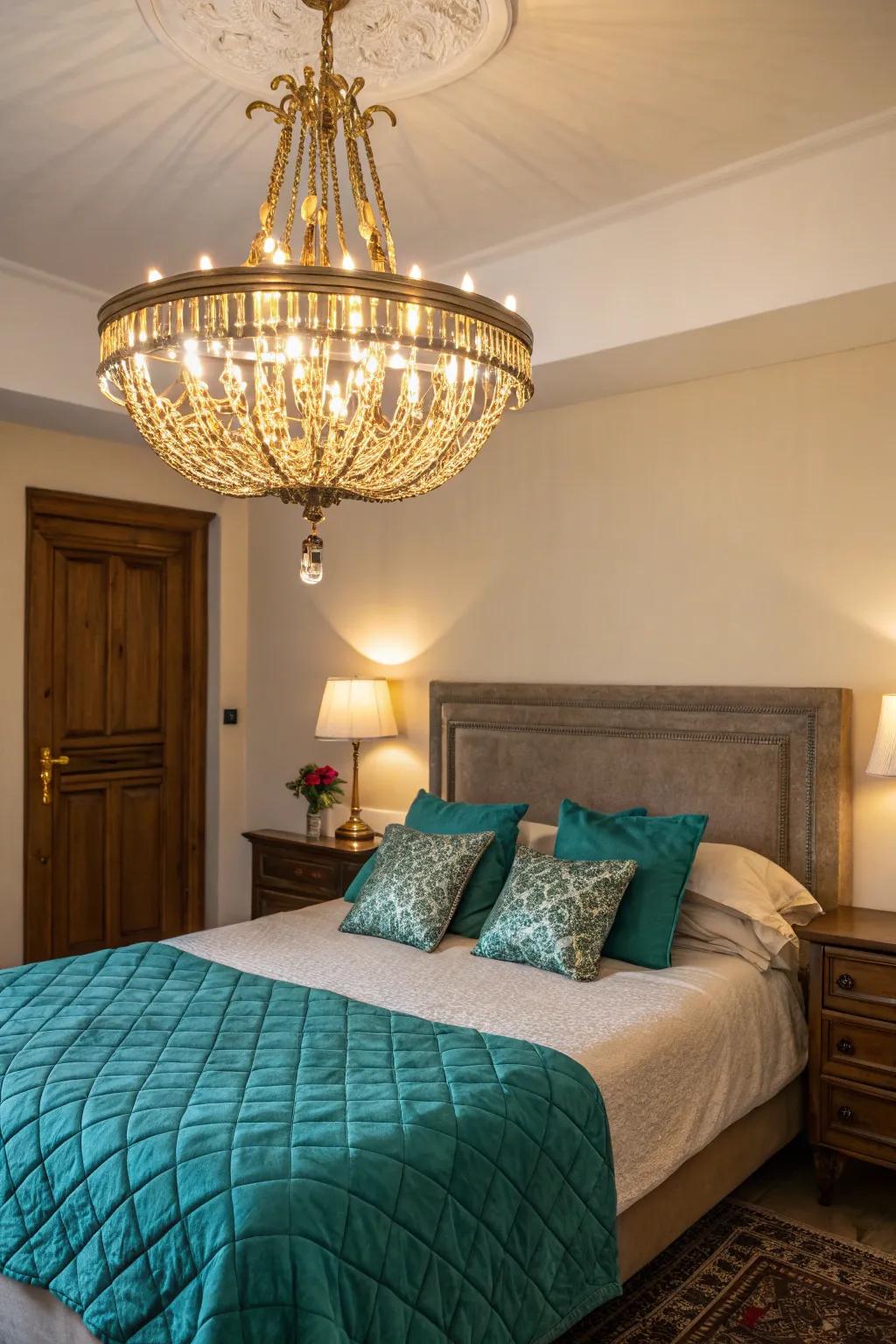 A gilded candelabra contributes a hint of glamour to this horizon and gilded sleeping quarters.