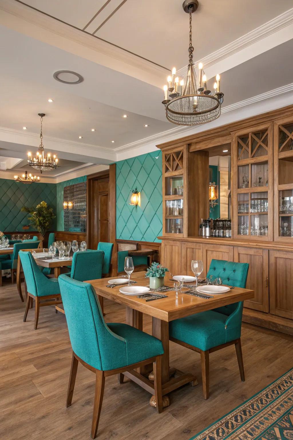 Azure and wood create a balanced dining atmosphere